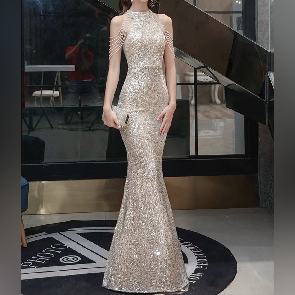 House of CB Glittering Silver Backless Dress